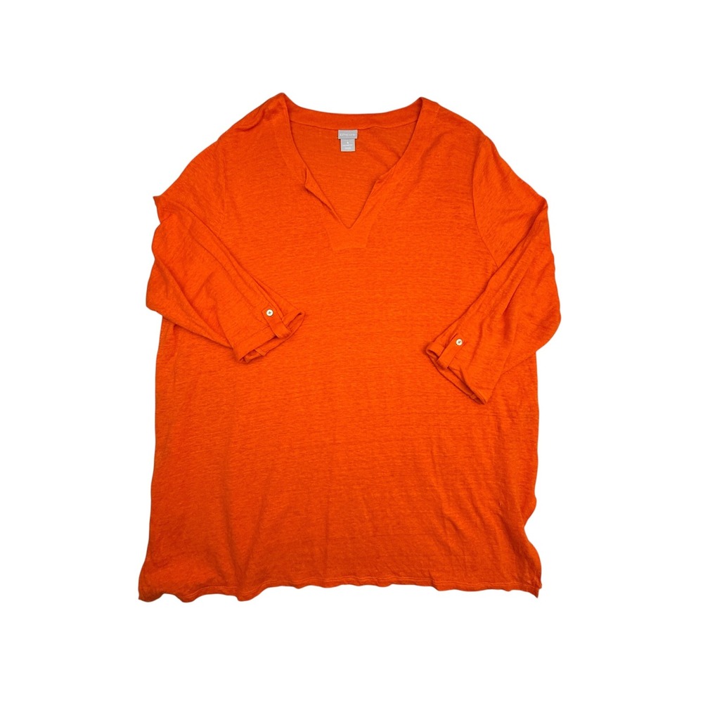 Chico's Linen Tunic Womens 4 Orange V-Neck 3/4 Sleeve Slub Knit Lightweight